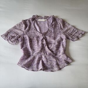 ASTR The Label Wrap Front Ruffle Detail Top Lavender Ditsy Floral Sheer Blouse S